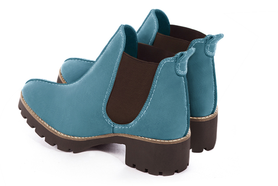 Peacock blue and chocolate brown women's ankle boots, with elastics. Round toe. Low rubber soles. Rear view - Florence KOOIJMAN